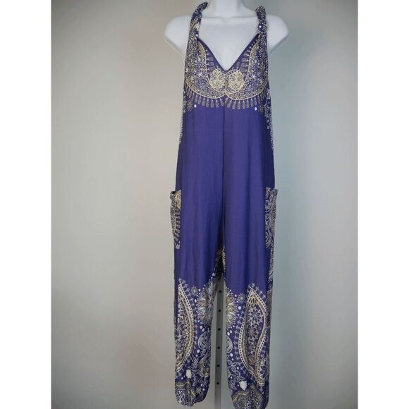 Women's Purple Geometric Print Racerback Pockets Cuffed Ankle Jumpsuit M - Picture 2 of 12